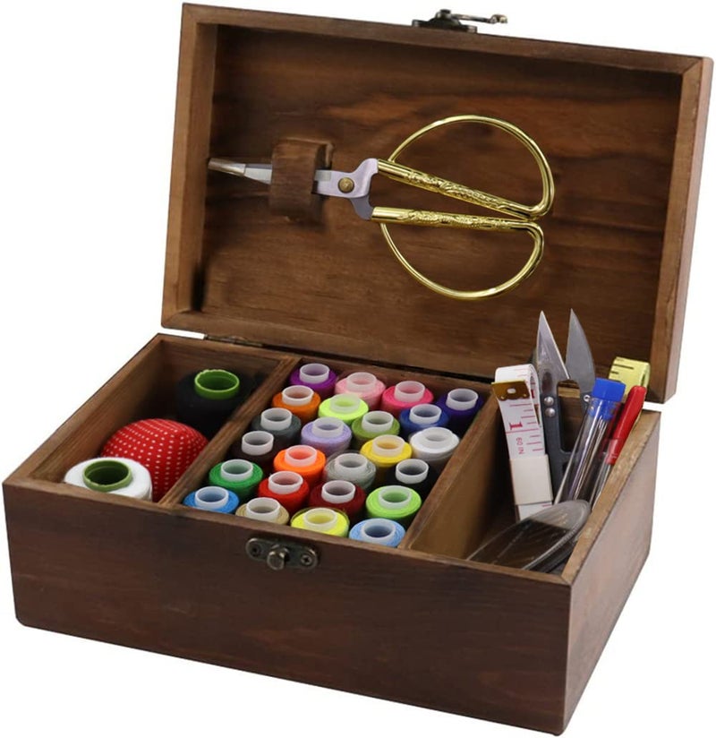 Flytreal Sewing Kit Box Basket, Wooden Hand Home Sewing Repair Tool Kit, Beginner Universal Sew Kit Accessories for Women, Men, Adults, Girls, Kids (Retro Dandelion) - Image 1